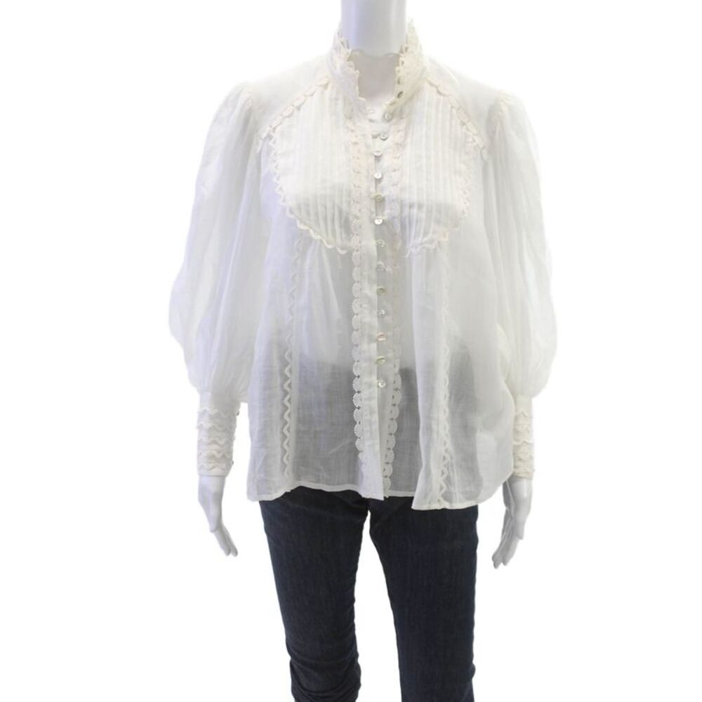 Alemais Women White Linen High Neck Button Long Sleeve Blouse Size 10